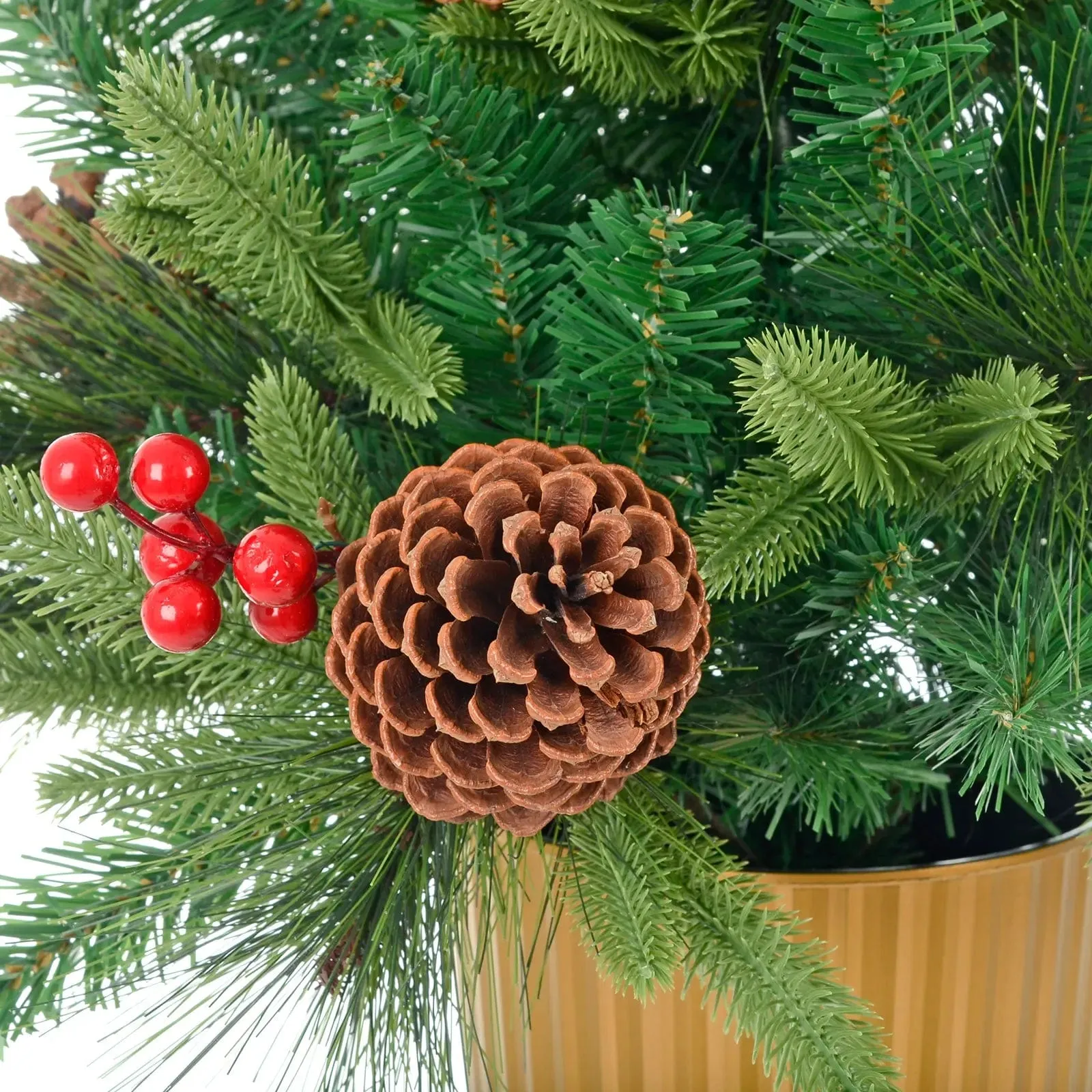 3ft (90cm) Christmas Tree Red Berries Cones Mixed Pine Gold Pot