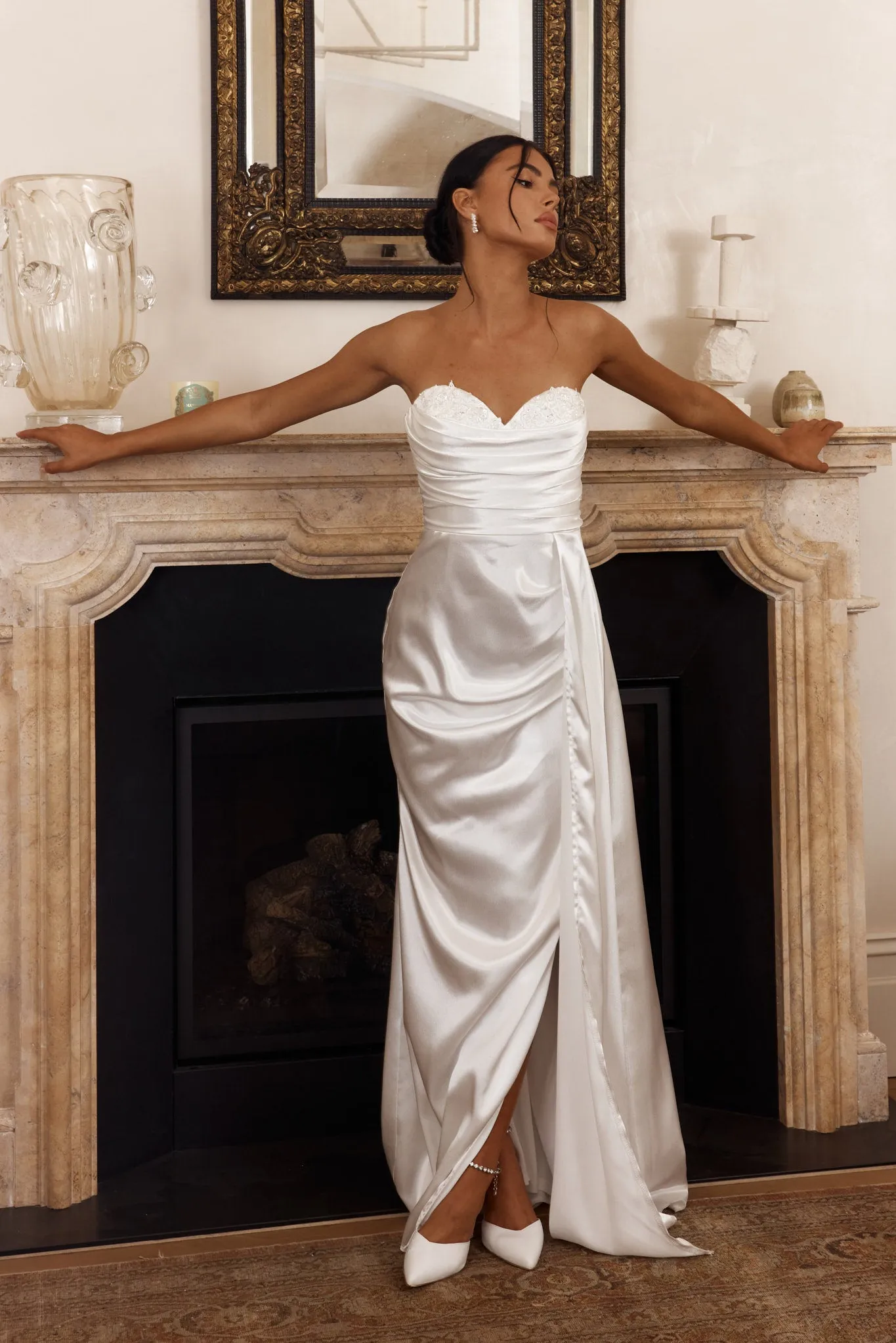 Ahava Sweetheart Applique Satin Maxi Dress White