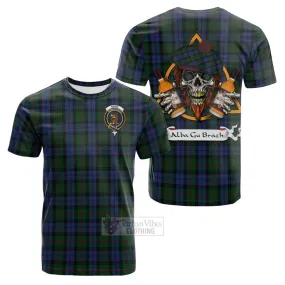 Baird Tartan Cotton T-shirt with Family Crest and Bearded Skull Holding Bottles of Whiskey