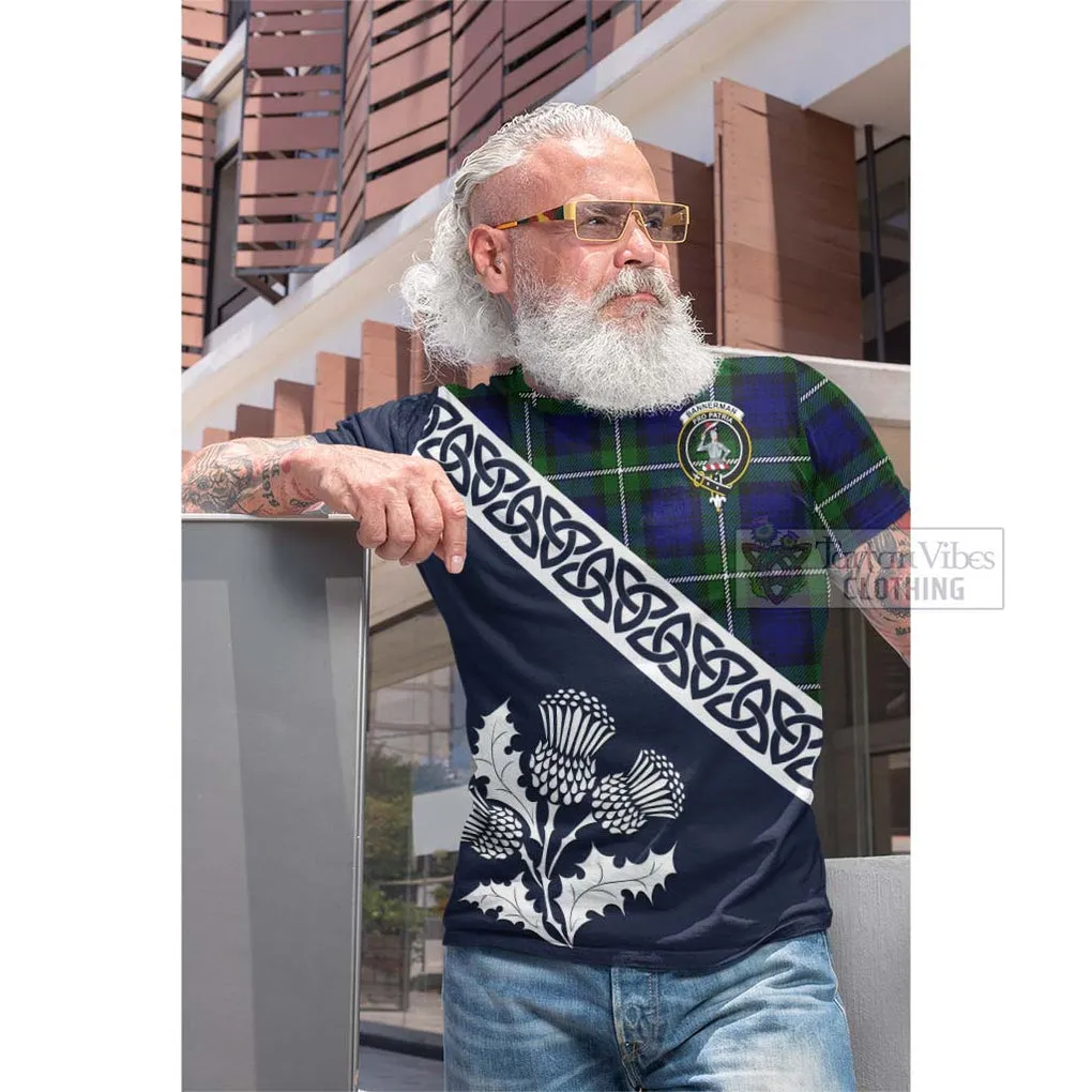 Bannerman Tartan Cotton T-shirt Featuring Thistle and Scotland Map