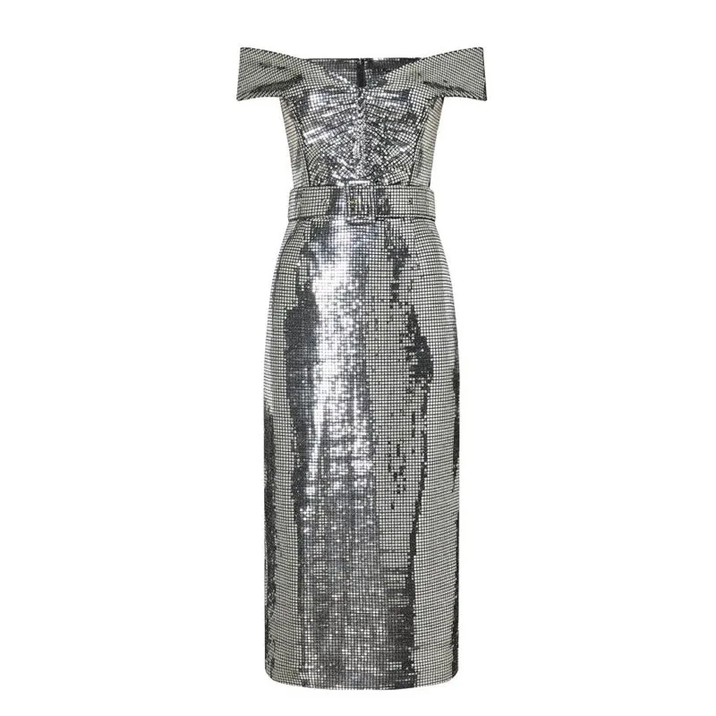 Bardot Shoulder Leather Sparkling Pencil Dress