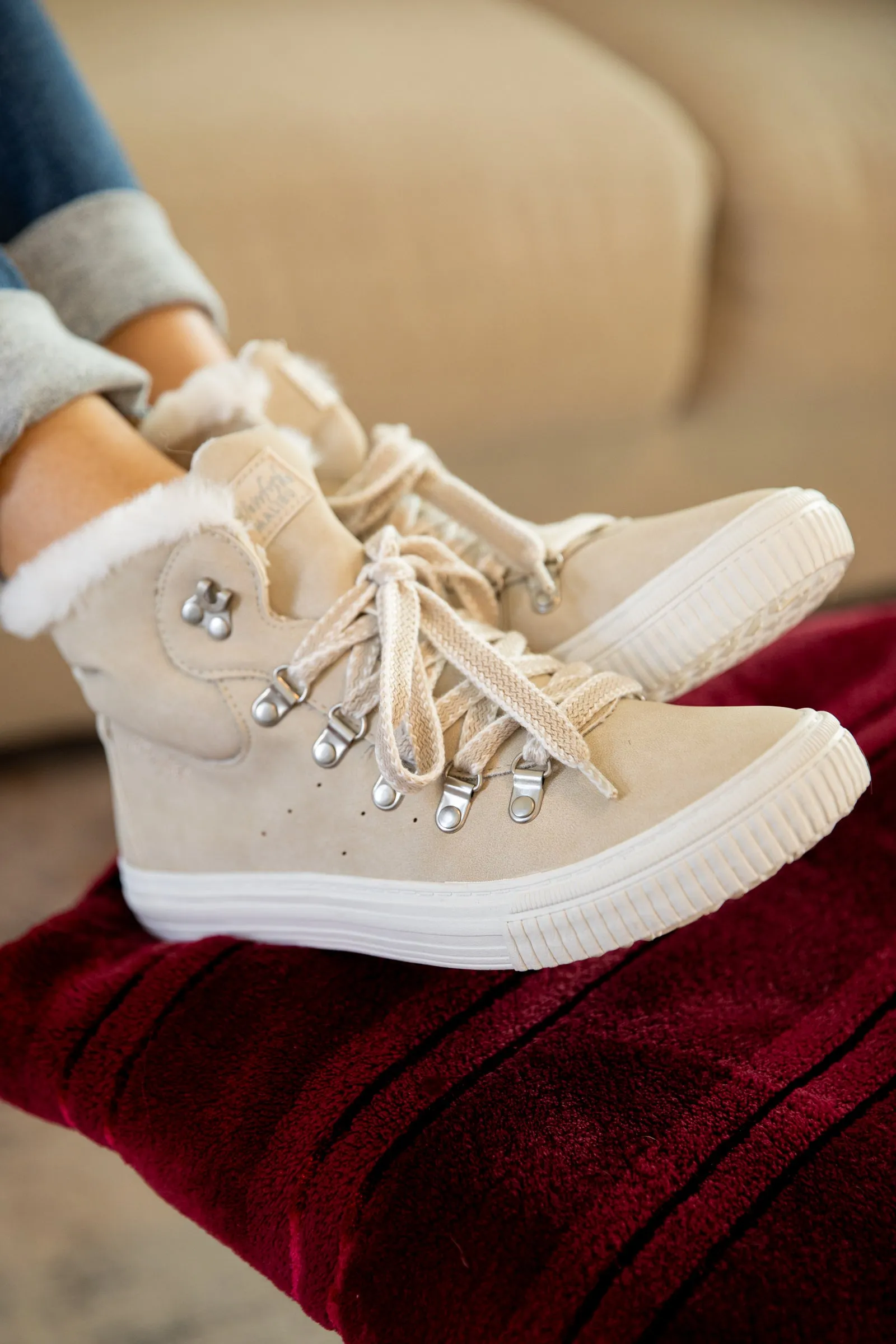 Beige High Top Sneakers With Faux Fur Trim