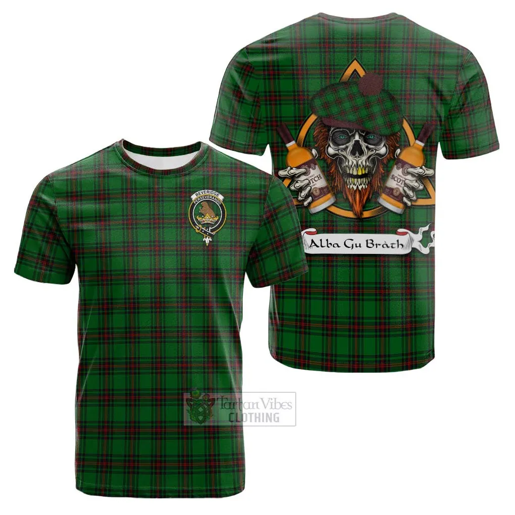 Beveridge Tartan Cotton T-shirt with Family Crest and Bearded Skull Holding Bottles of Whiskey