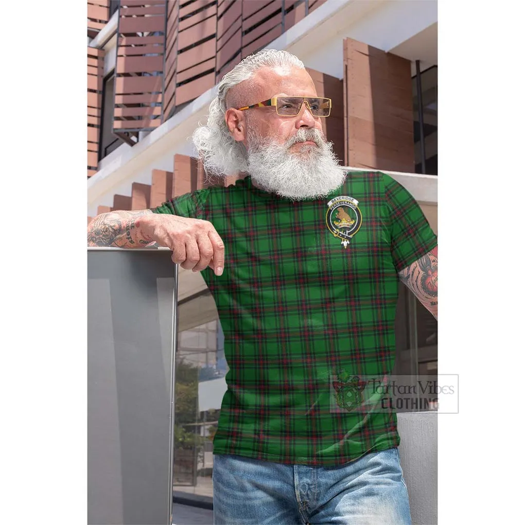 Beveridge Tartan Cotton T-shirt with Family Crest and Bearded Skull Holding Bottles of Whiskey