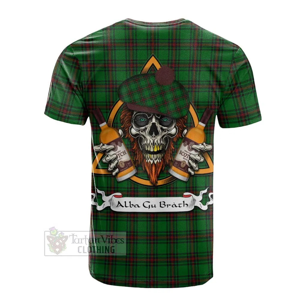 Beveridge Tartan Cotton T-shirt with Family Crest and Bearded Skull Holding Bottles of Whiskey