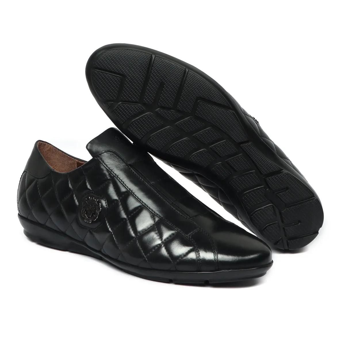 Black Diamond Stitched Leather Comfort Sneakers