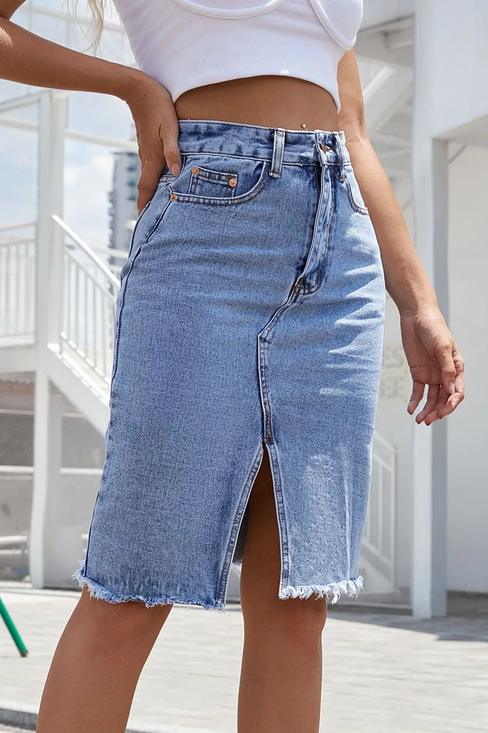 Boho Buttoned Slit Denim Knee Length Skirt