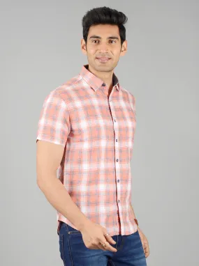 Camellia Orange Checked Slim Fit Casual Shirt | Greenfibre