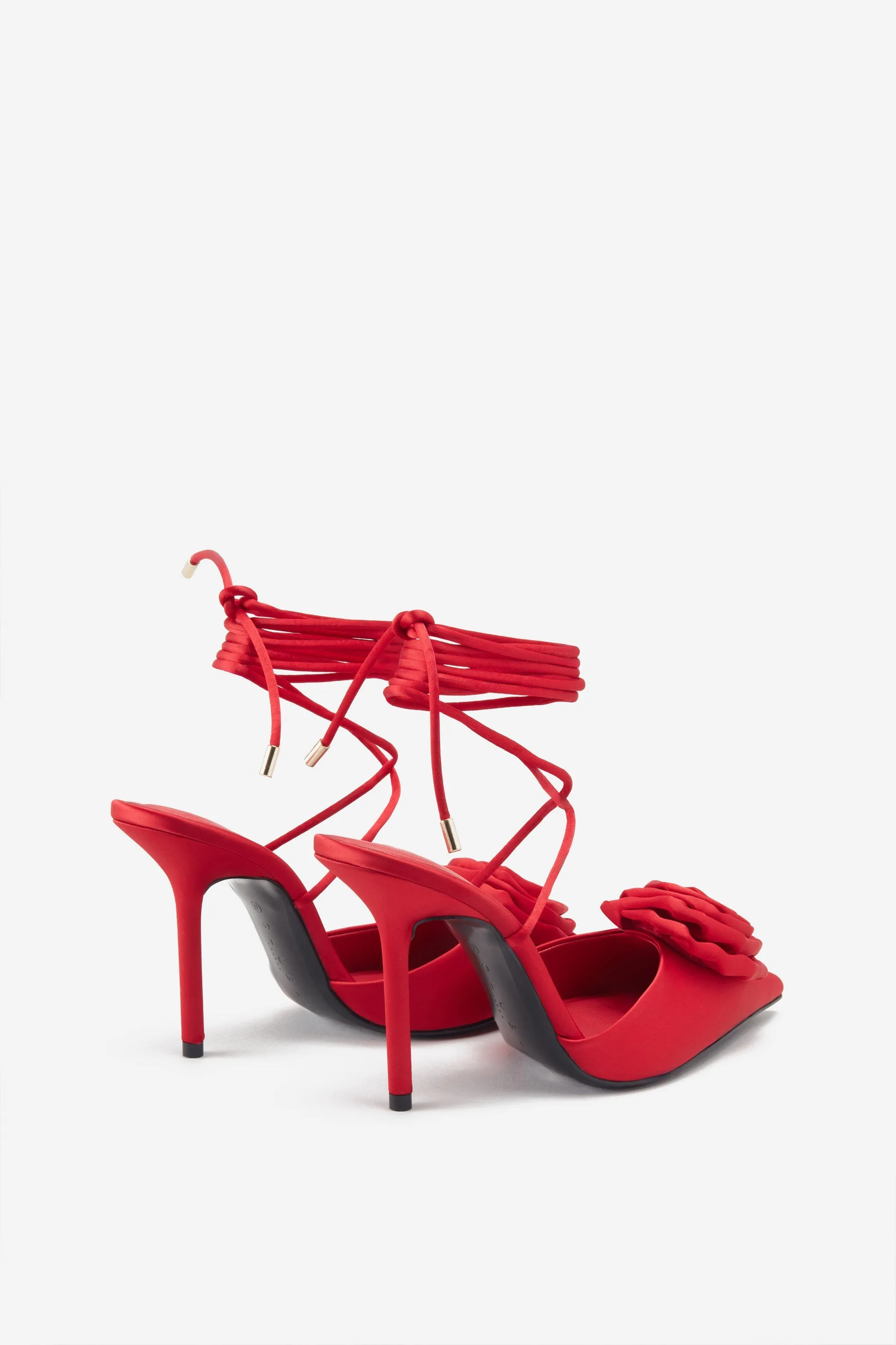 Clearly | Red Satin Lace-Up Stiletto Heels With Flowers