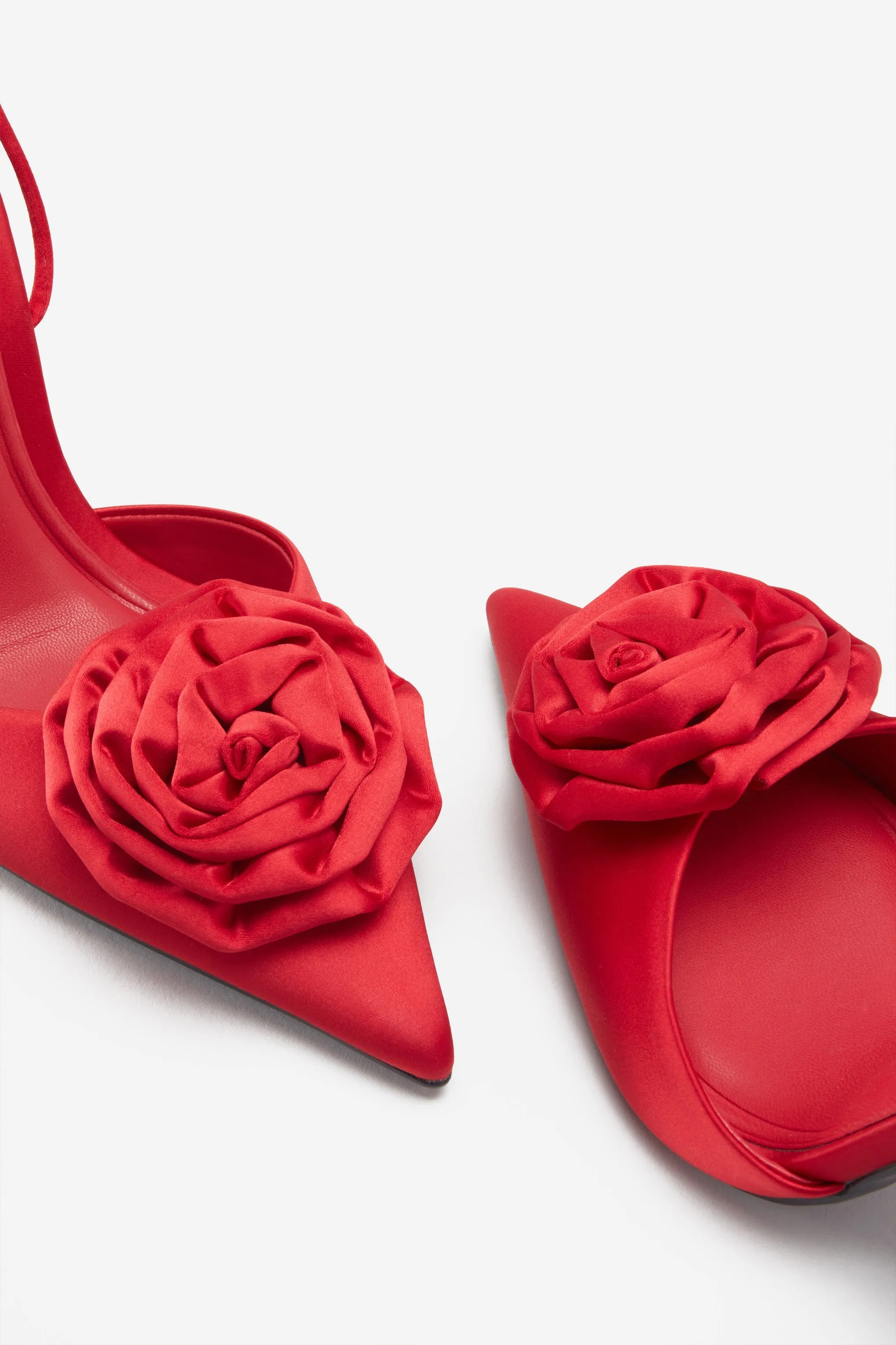 Clearly | Red Satin Lace-Up Stiletto Heels With Flowers