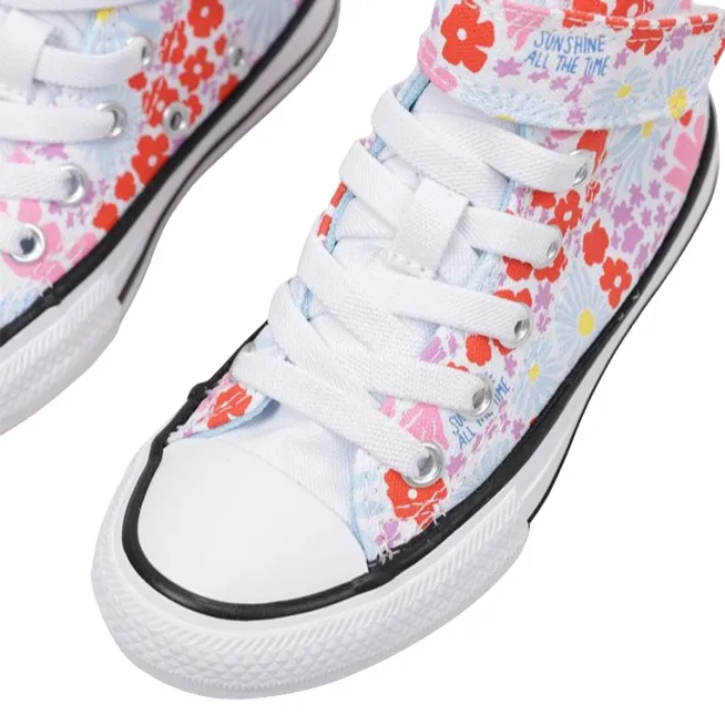 Converse scarpa sneakers da bambina con laccio elastico e velcro a fantasia fiori A06339C bianco-celeste-rosa