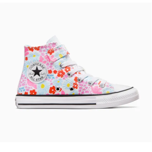 Converse scarpa sneakers da bambina con laccio elastico e velcro a fantasia fiori A06339C bianco-celeste-rosa