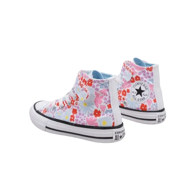 Converse scarpa sneakers da bambina con laccio elastico e velcro a fantasia fiori A06339C bianco-celeste-rosa