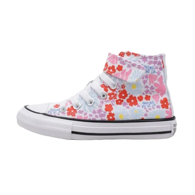 Converse scarpa sneakers da bambina con laccio elastico e velcro a fantasia fiori A06339C bianco-celeste-rosa