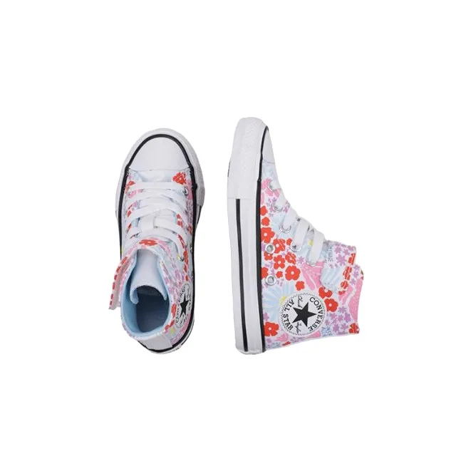 Converse scarpa sneakers da bambina con laccio elastico e velcro a fantasia fiori A06339C bianco-celeste-rosa