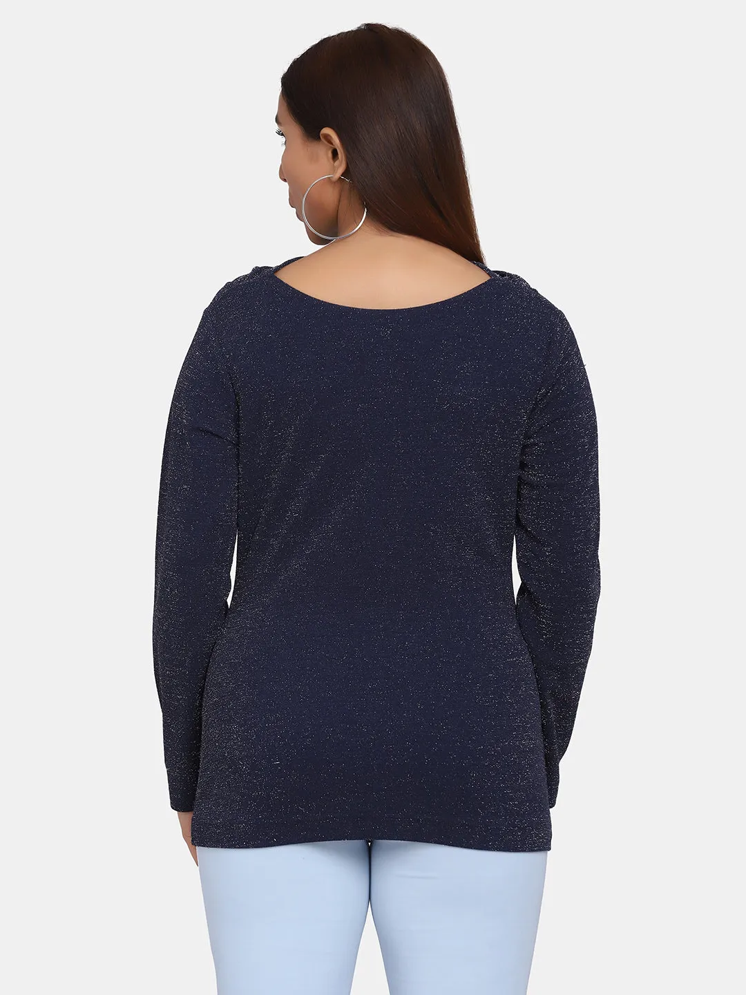 Cowl Neck Shimmery Top for Women - Navy Blue