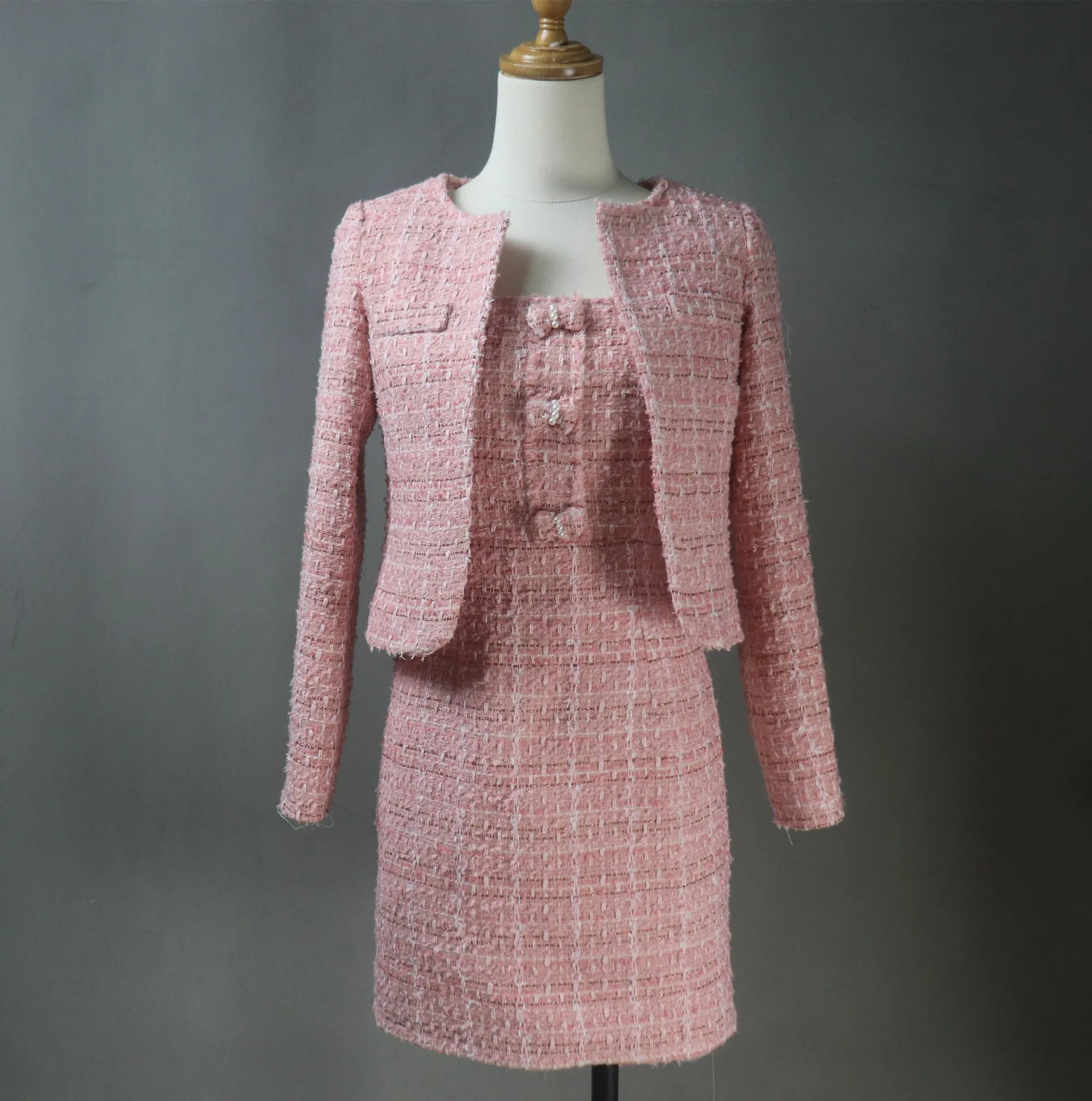 Custom Made Pink Suit Tweed Jacket   Bow Dress