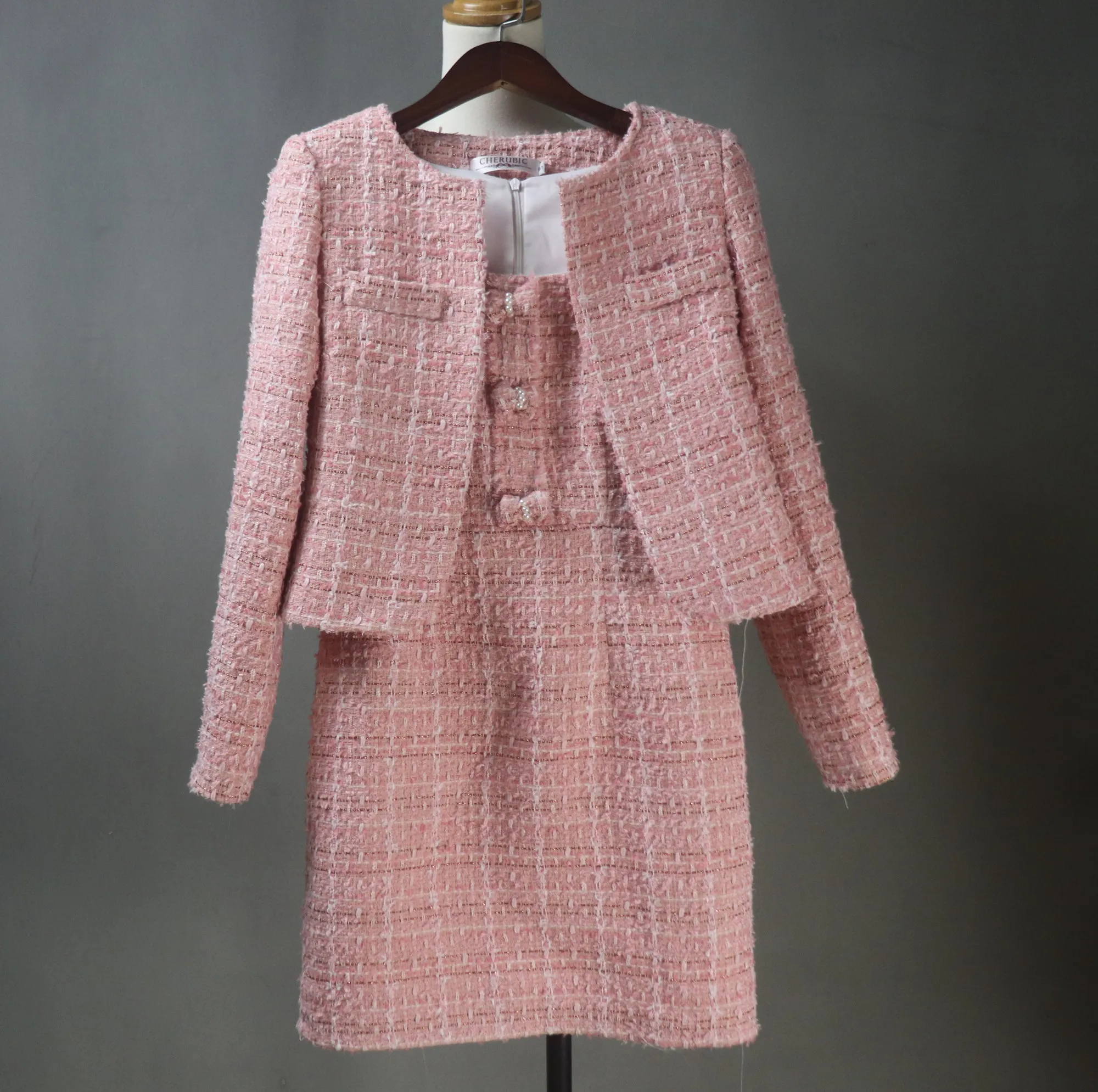 Custom Made Pink Suit Tweed Jacket   Bow Dress