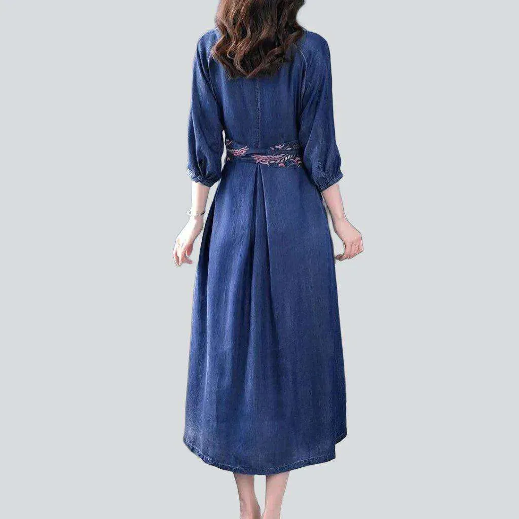 Embroidered flared jean dress