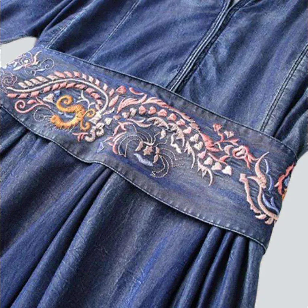 Embroidered flared jean dress