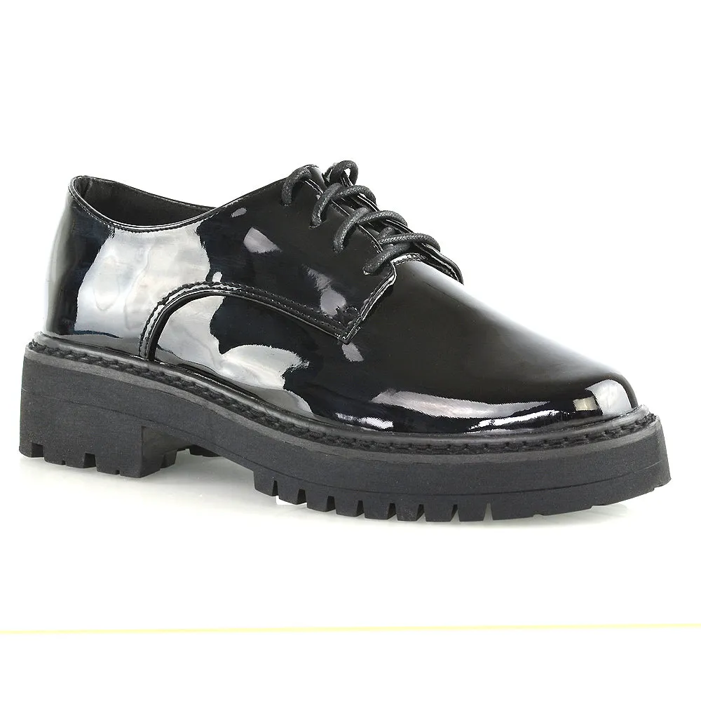 Emilia Lace up Flats Chunky Sole Low Platform Block Heel Brogues in Black Synthetic Leather