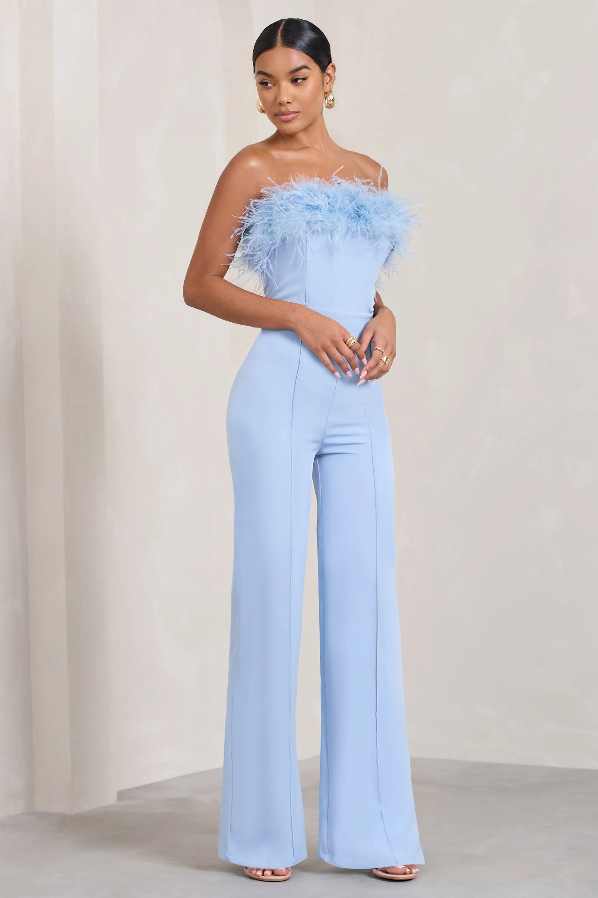 First Class | Blue Bandeau Feather Wide Leg jumpsuit