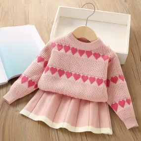 Girls knitted skirt suit autumn and winter new sweet heart-shaped sweater two-piece set