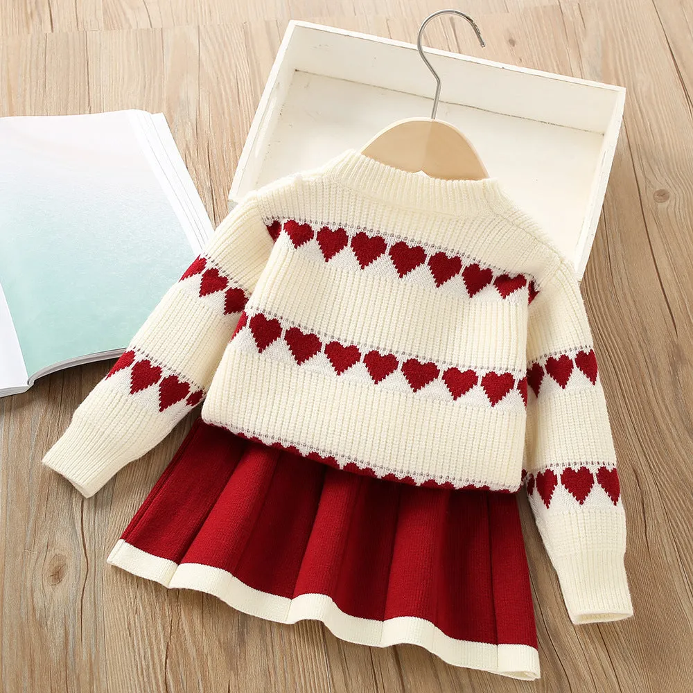 Girls knitted skirt suit autumn and winter new sweet heart-shaped sweater two-piece set