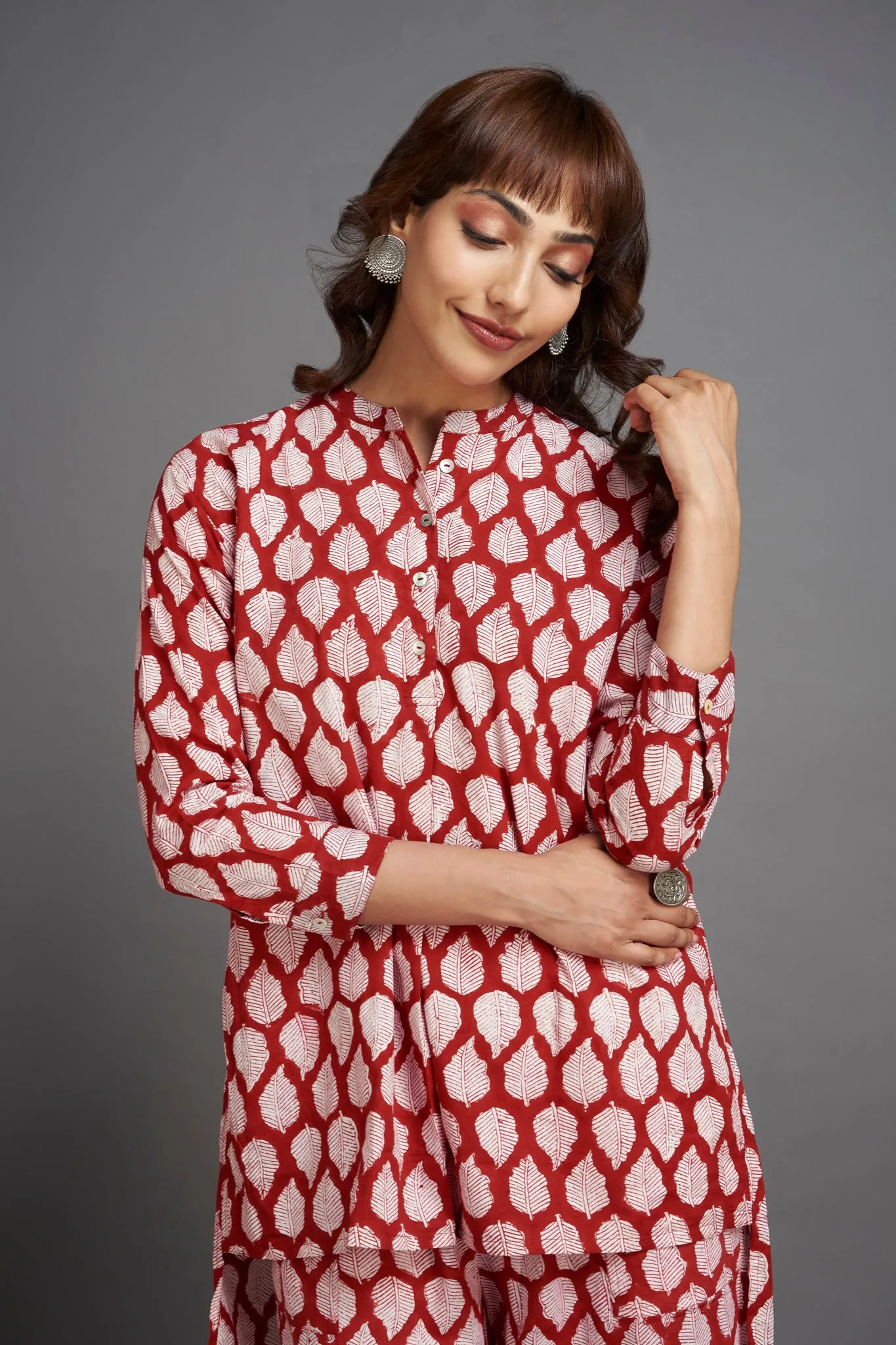 hi-low tunic - flamboyant red & mughal leaf