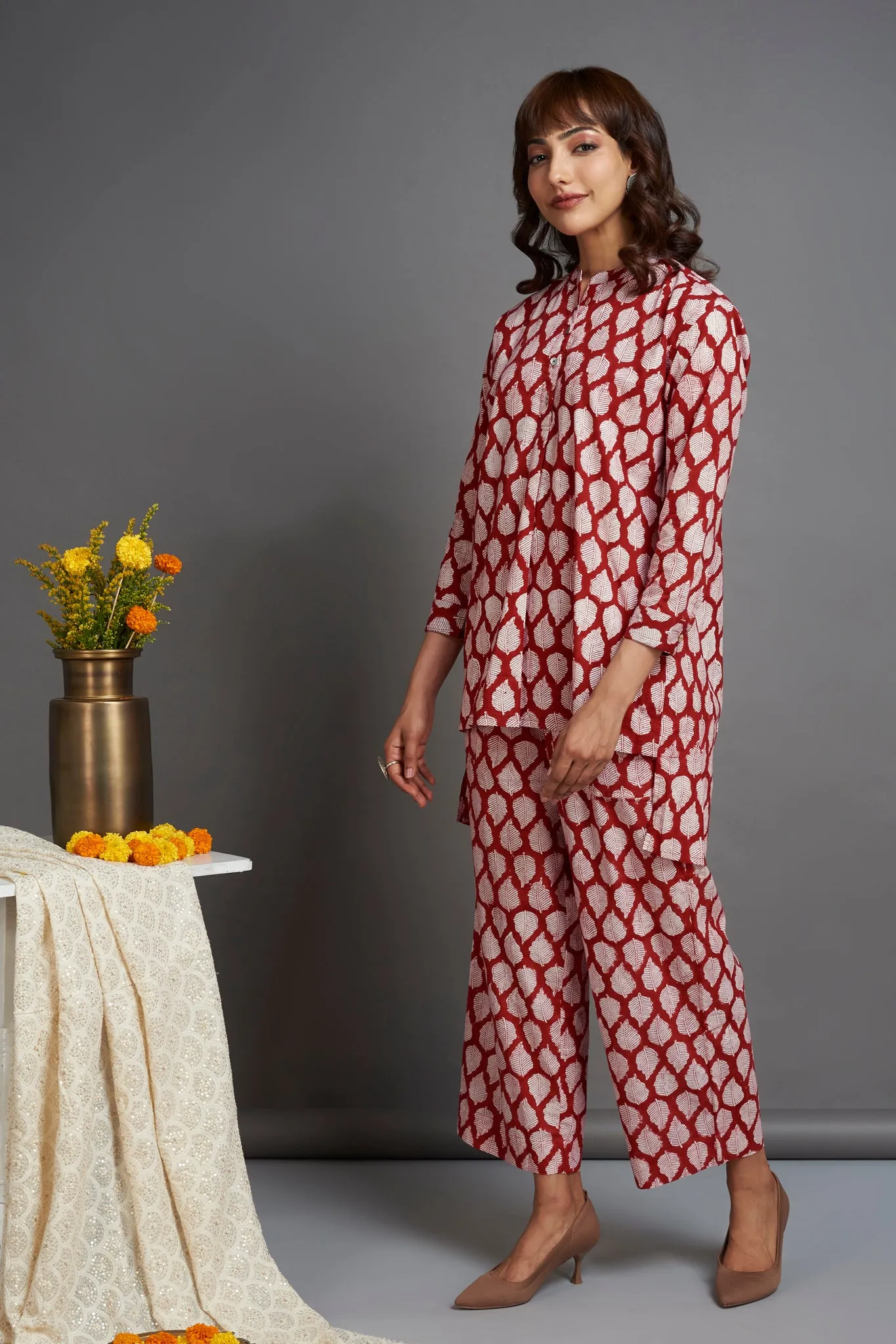 hi-low tunic - flamboyant red & mughal leaf