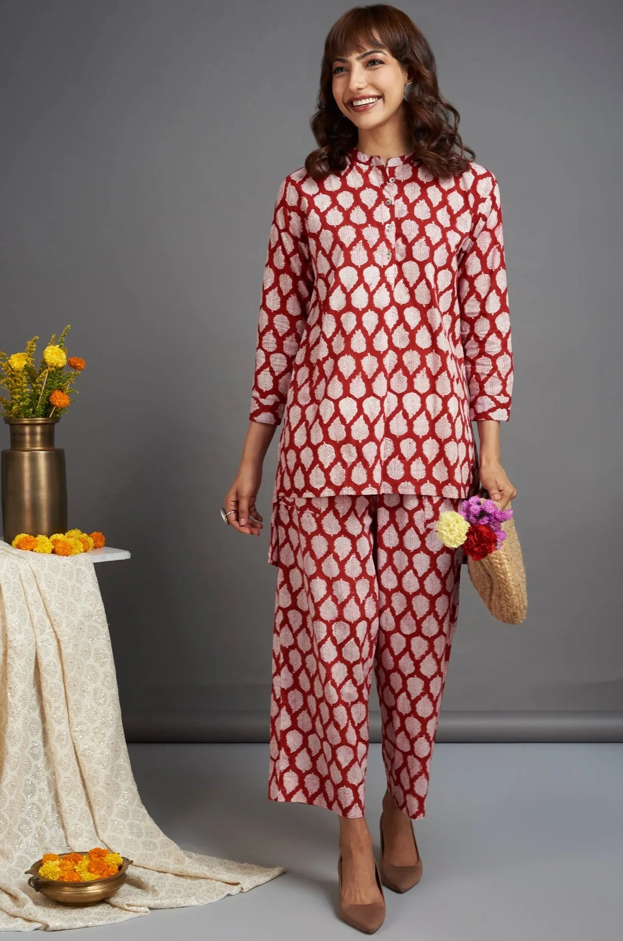 hi-low tunic - flamboyant red & mughal leaf