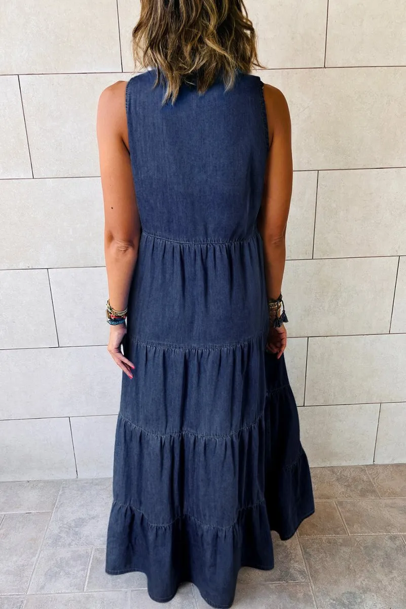 Long Chambray Tiered Maxi Denim Dress