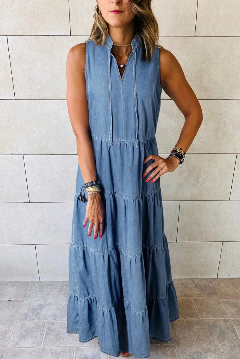 Long Chambray Tiered Maxi Denim Dress