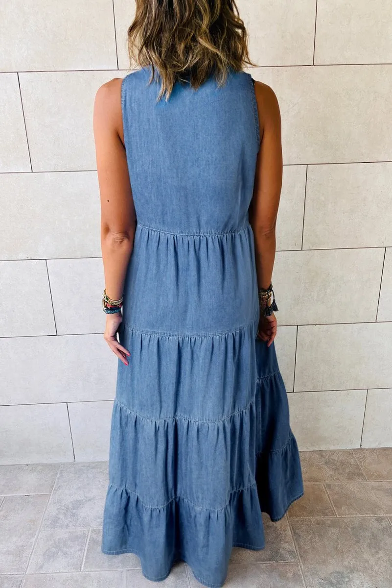 Long Chambray Tiered Maxi Denim Dress