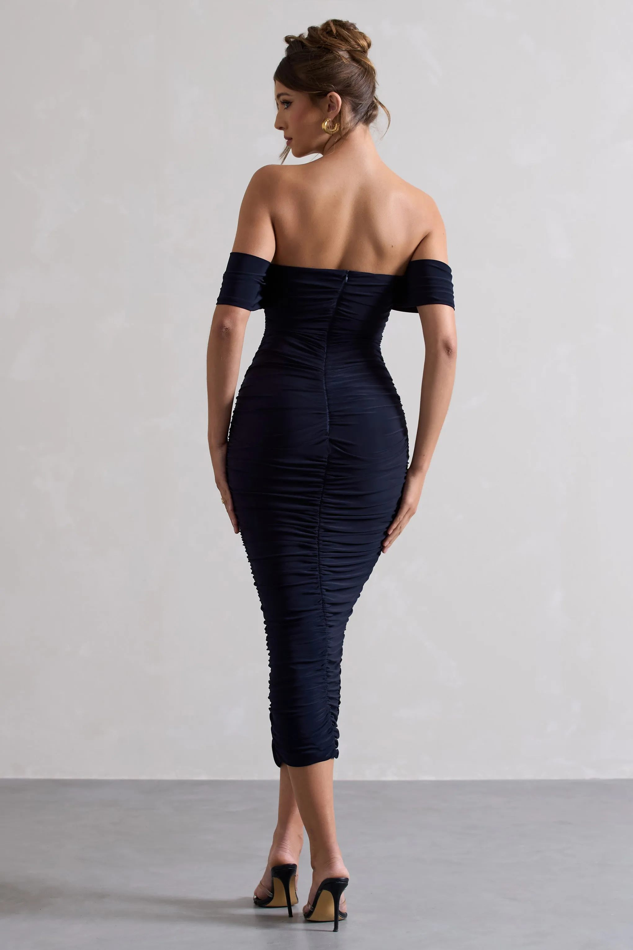 Lost For Words | Navy Bardot Ruched Draped Midi Dress