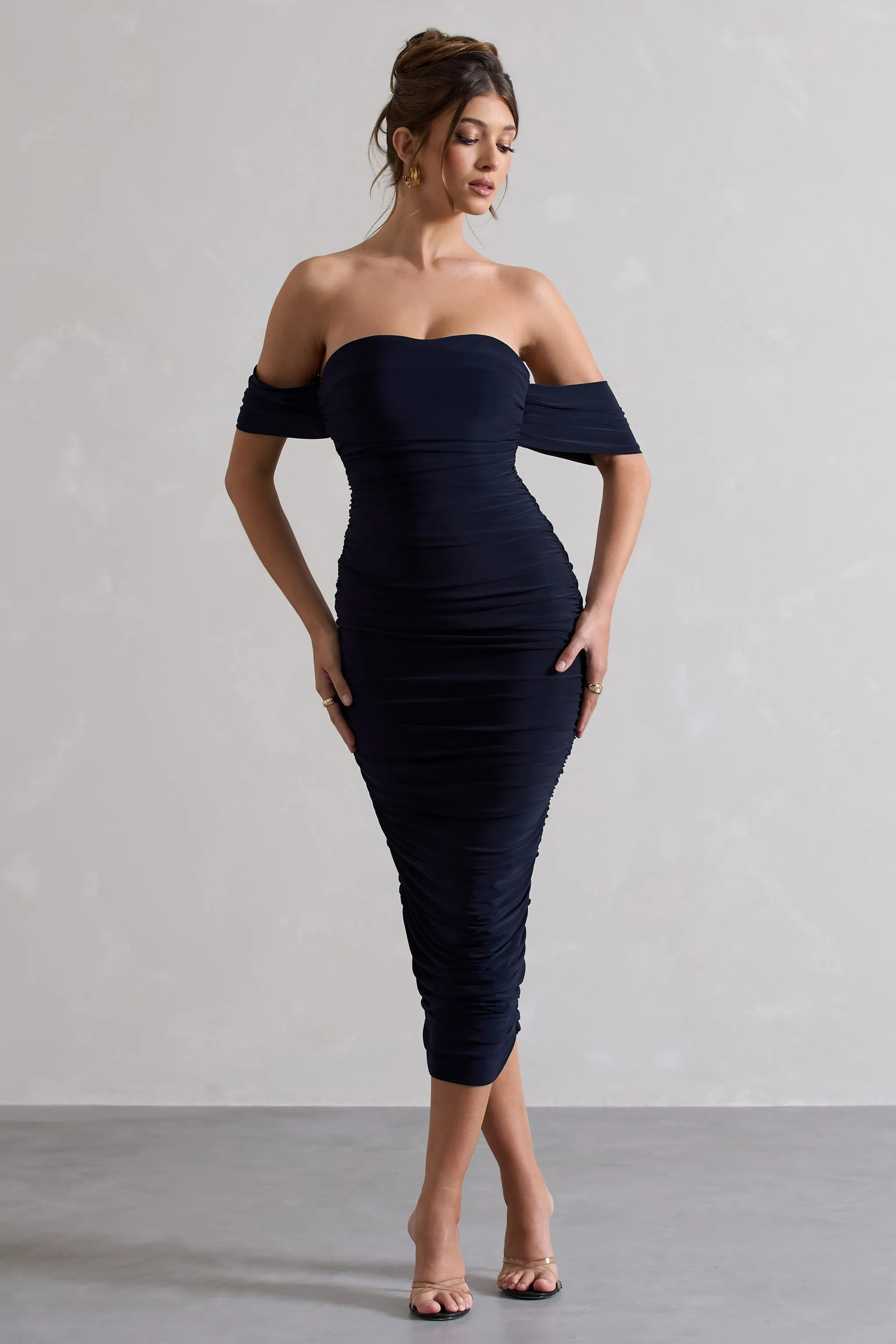 Lost For Words | Navy Bardot Ruched Draped Midi Dress