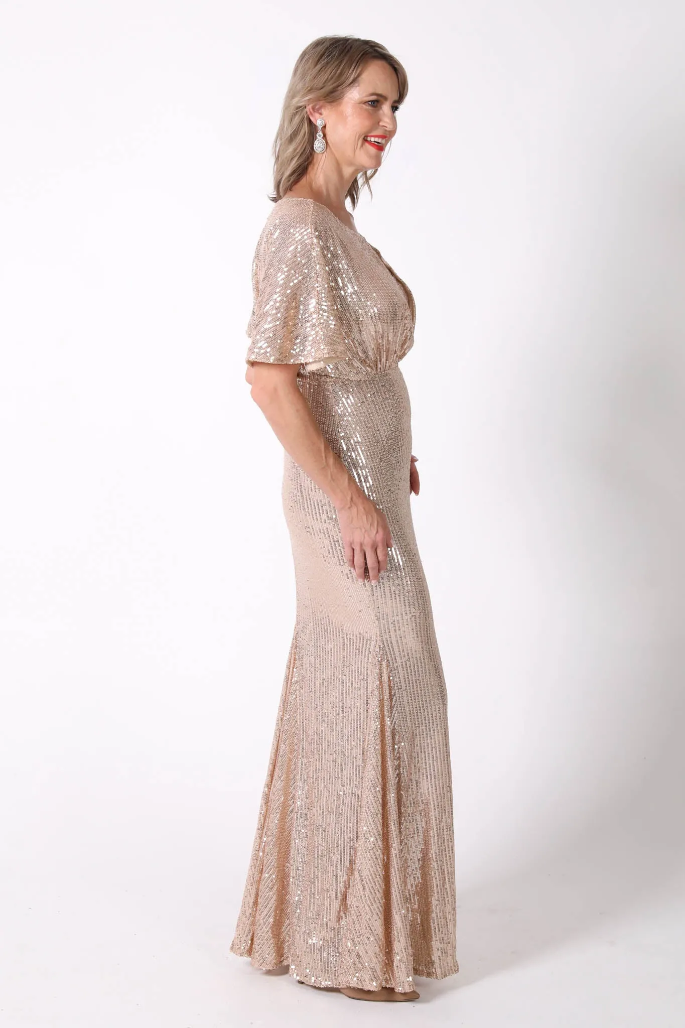 Margaret Butterfly-Sleeve Sequin Maxi Dress - Gold