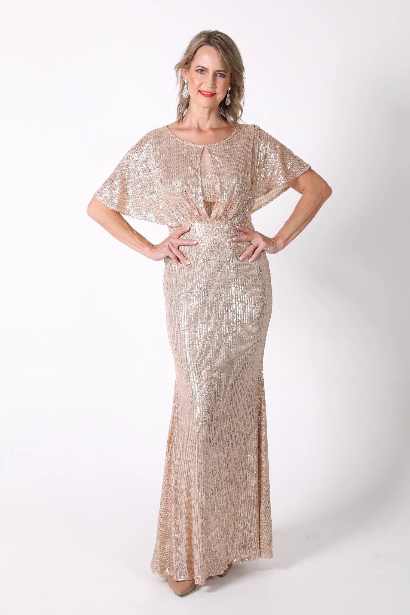 Margaret Butterfly-Sleeve Sequin Maxi Dress - Gold