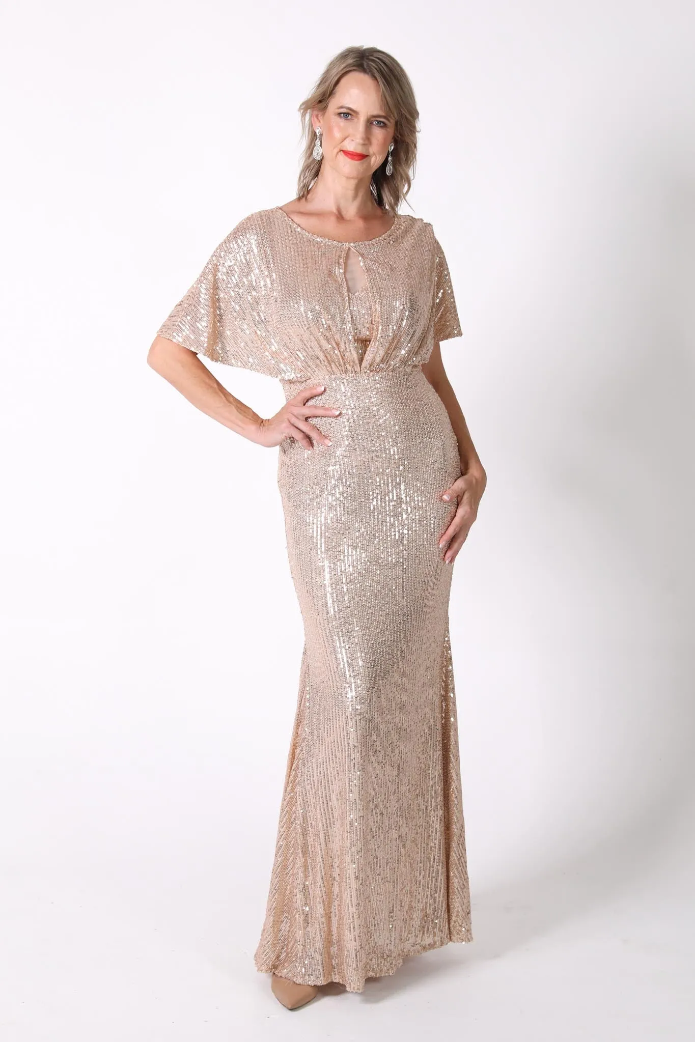 Margaret Butterfly-Sleeve Sequin Maxi Dress - Gold