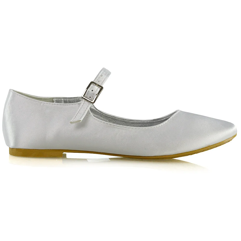 Nellie Ballerina Pump over the Foot Buckle up Strap Wedding Flat Bridal Shoes in White Satin