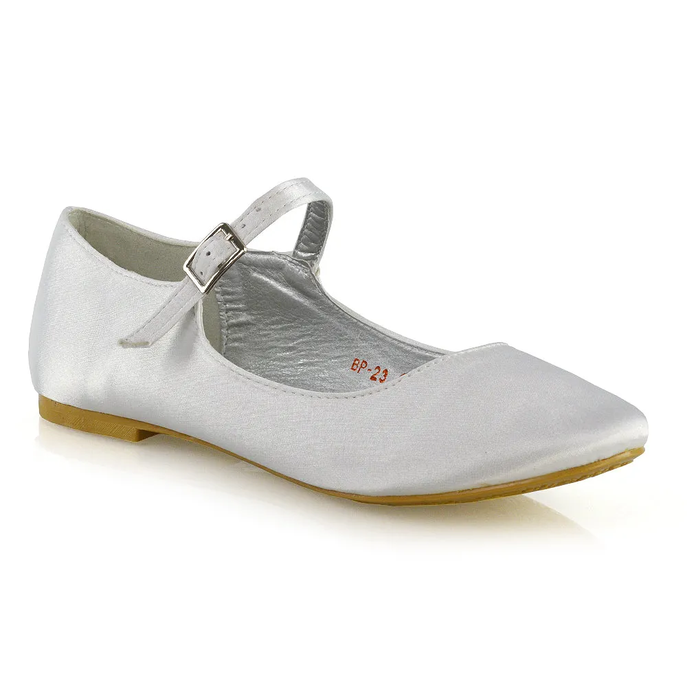 Nellie Ballerina Pump over the Foot Buckle up Strap Wedding Flat Bridal Shoes in White Satin