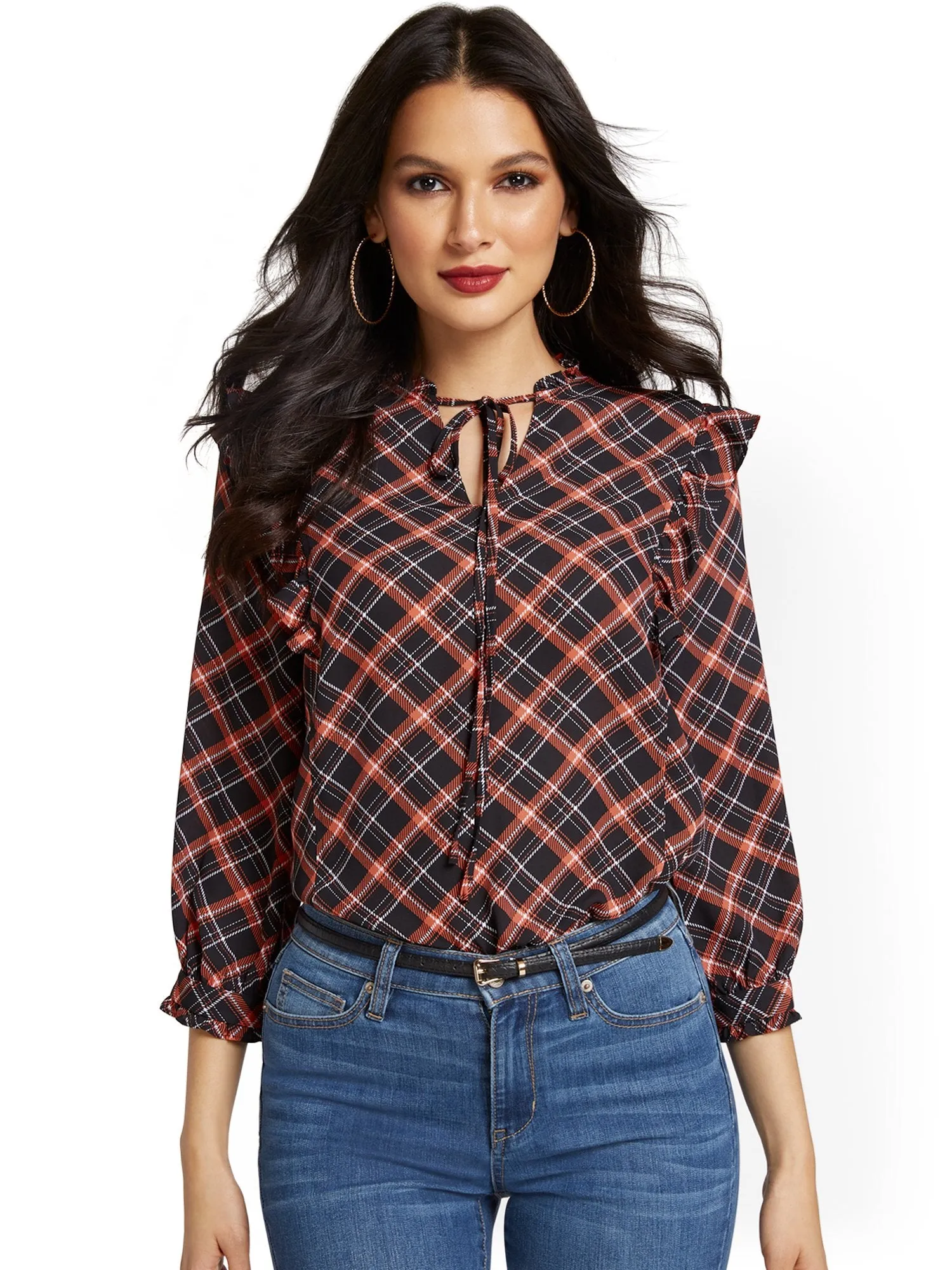 Plaid Ruffle-Front Blouse