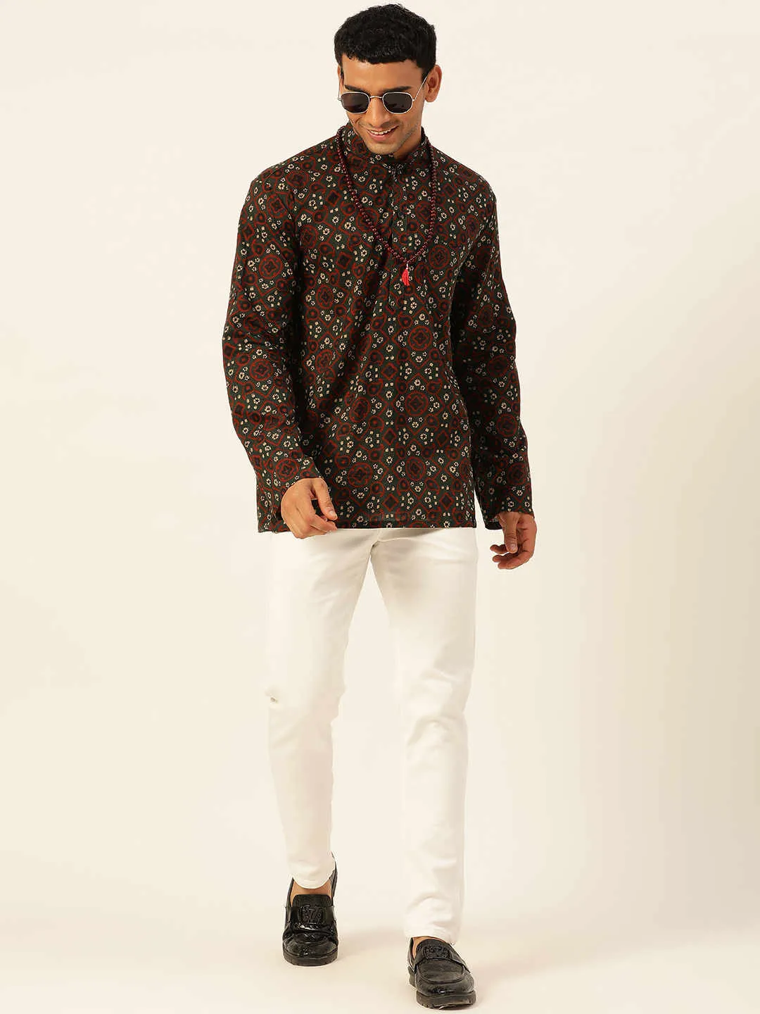 Premium Dark Green & Red Rhombus Print Handblock Printed Short Kurta