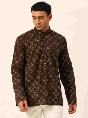 Premium Dark Green & Red Rhombus Print Handblock Printed Short Kurta