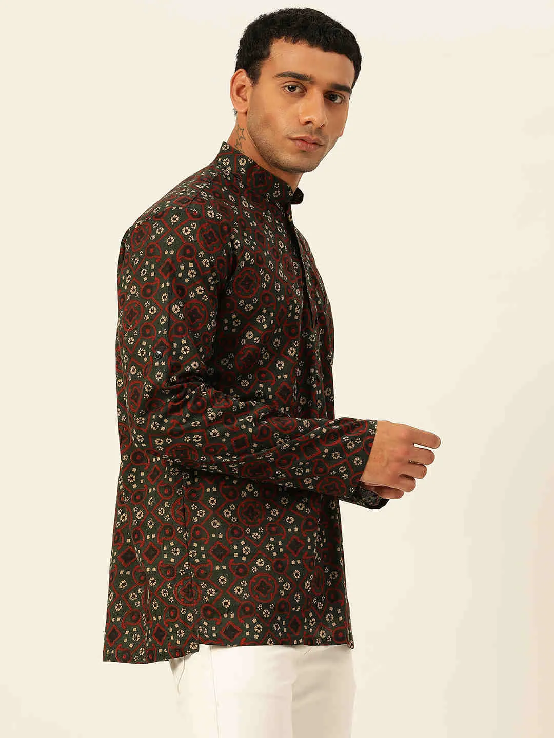 Premium Dark Green & Red Rhombus Print Handblock Printed Short Kurta