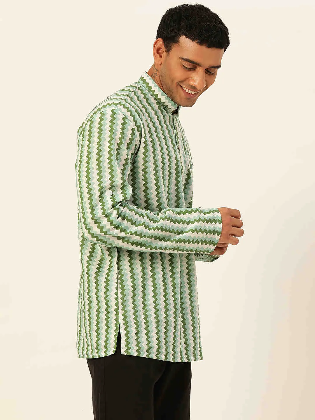 Premium White & Green Zig Zag Handblock Printed Short Kurta