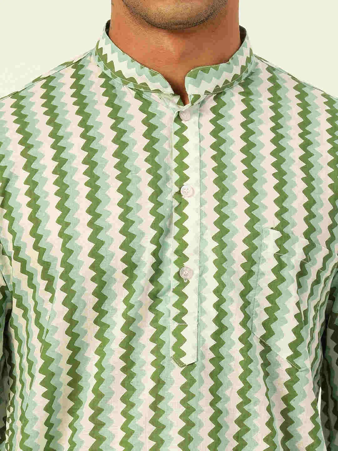 Premium White & Green Zig Zag Handblock Printed Short Kurta