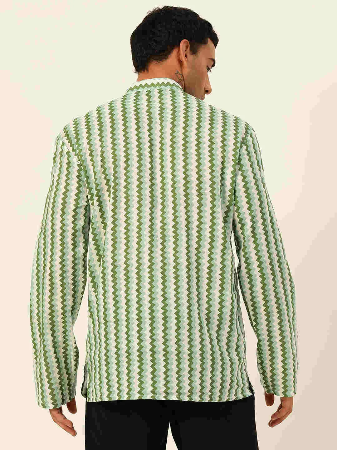 Premium White & Green Zig Zag Handblock Printed Short Kurta