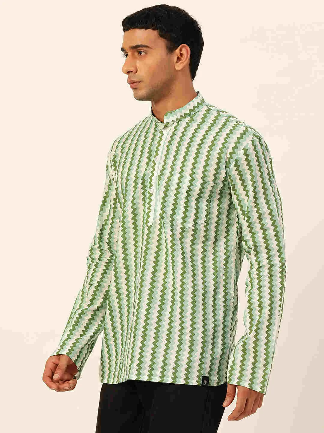 Premium White & Green Zig Zag Handblock Printed Short Kurta