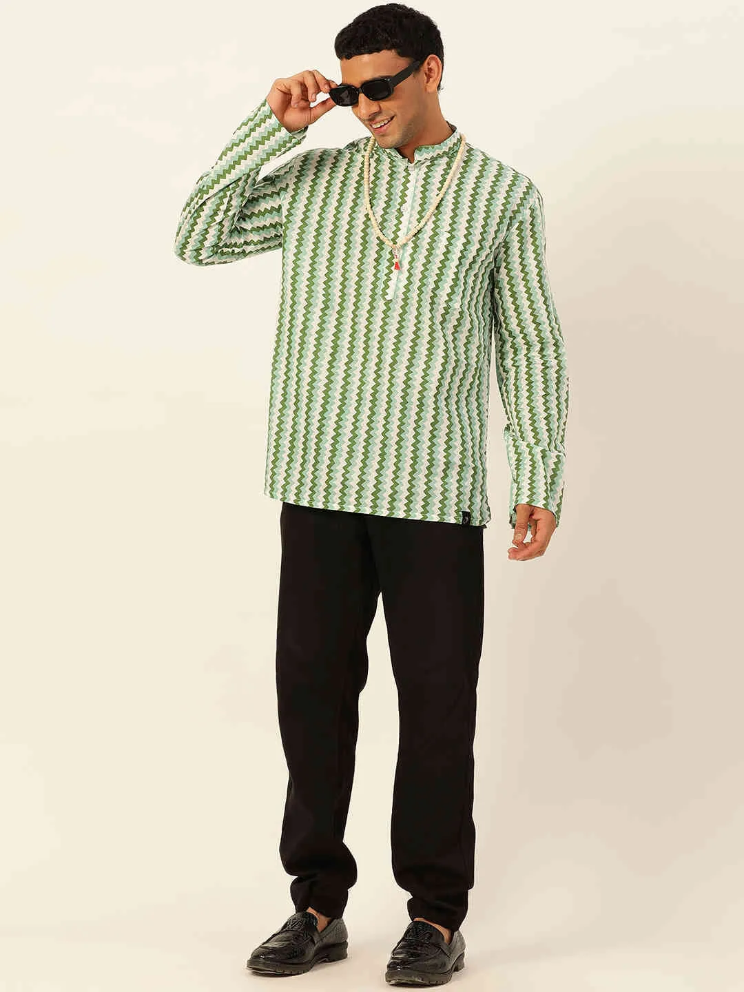 Premium White & Green Zig Zag Handblock Printed Short Kurta